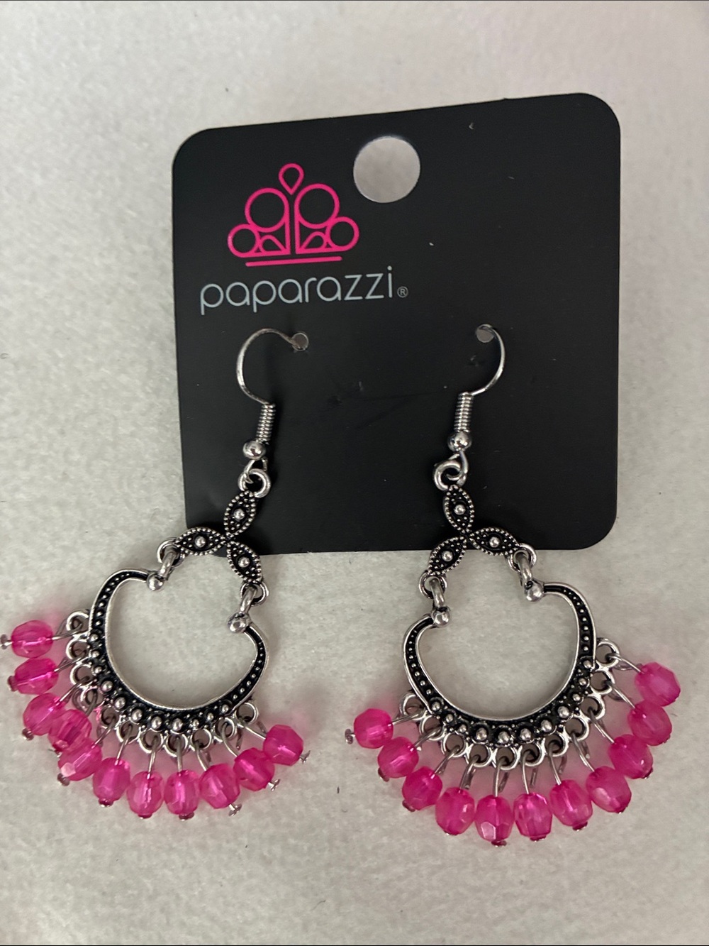 paparazzi Hot Pink Beaded Silver Hoop Dangle Earrings